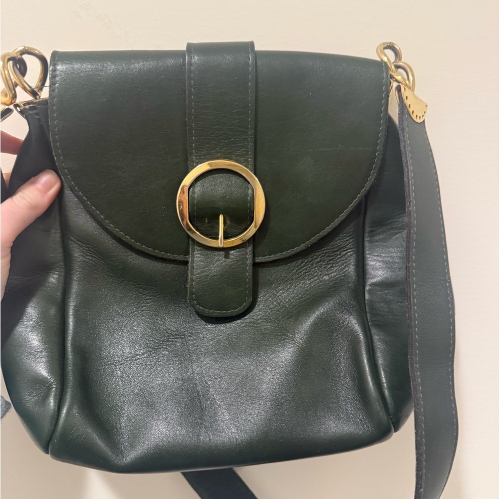 Chic Dark Green Leather Shoulder Bag with Gold Accents